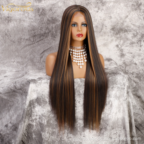 Vigorous Highlight Long Straight Synthetic Brown Wigs for Women Middle Part Natural heat resistant full Cosplay lace Wigs